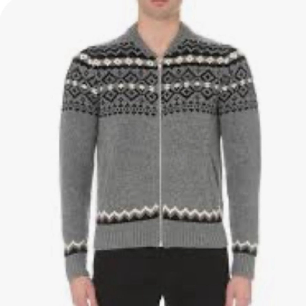 The Kooples Merino Wool Nordic Zip Cardigan Gray Blac Fair Isle Designer Sweater